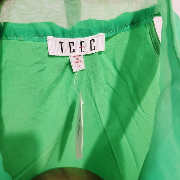 TCEC Hot Green Sleeveless Dress Bow Ribbon Neck Tie Ruffle Size Large - Picture 2 of 7